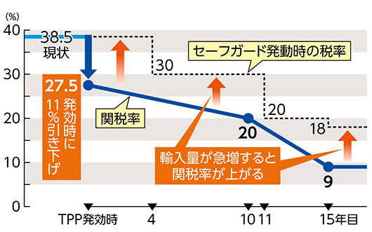 TPP発効後の牛肉関税率の推移を示す折れ線グラフ